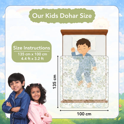White And Green 144 TC 100% Cotton Floral Pattern Baby Single Bed AC Blanket Dohar for Kids