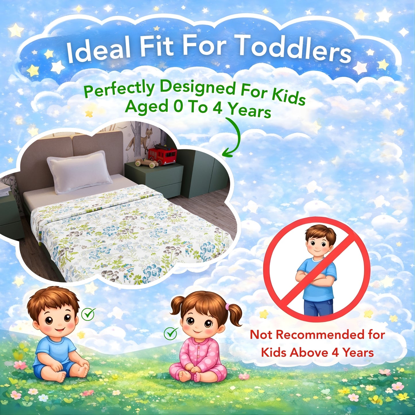 White And Green 144 TC 100% Cotton Floral Pattern Baby Single Bed AC Blanket Dohar for Kids