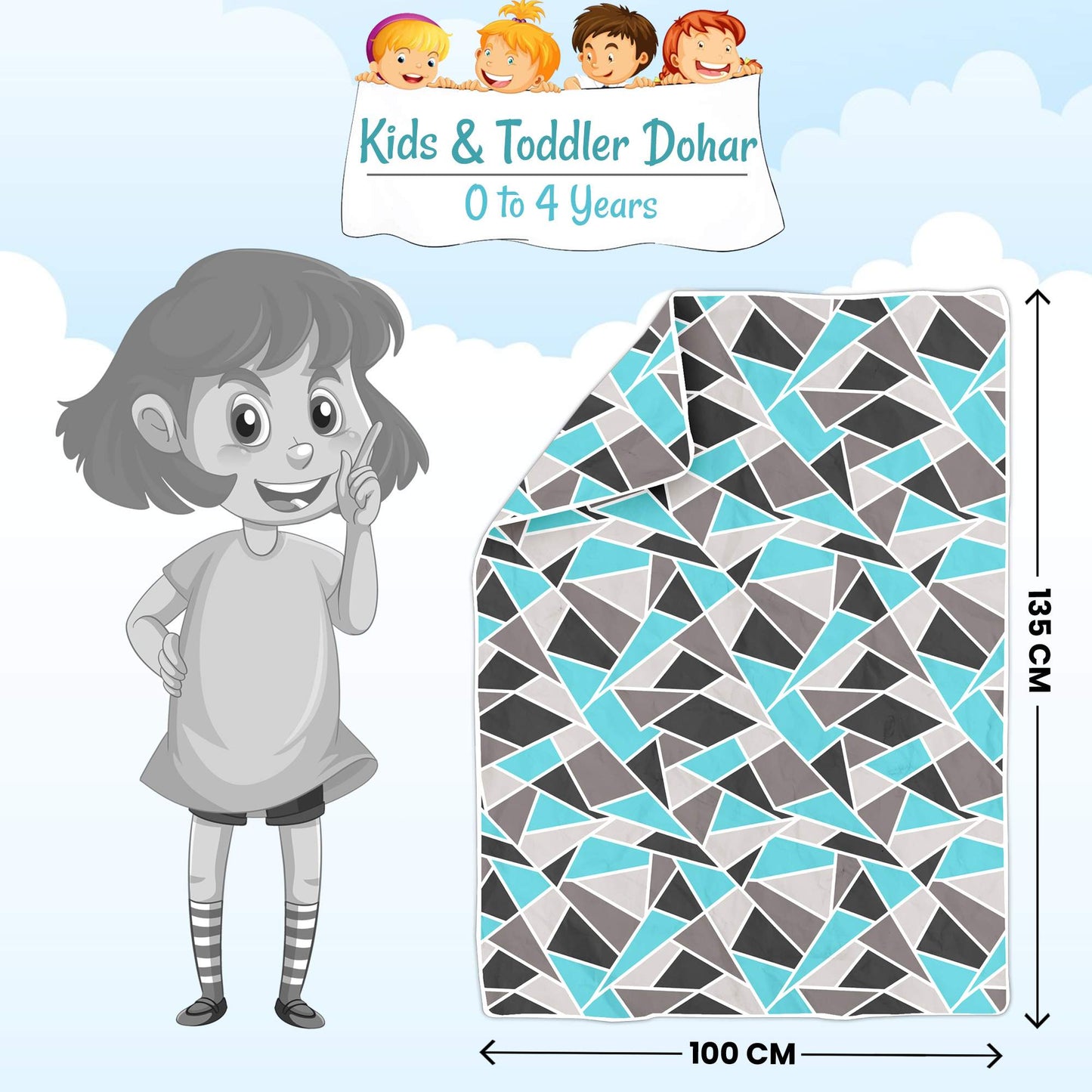Aqua Grey Geometric Kids Single Bed Dohar – 120 GSM Cotton
