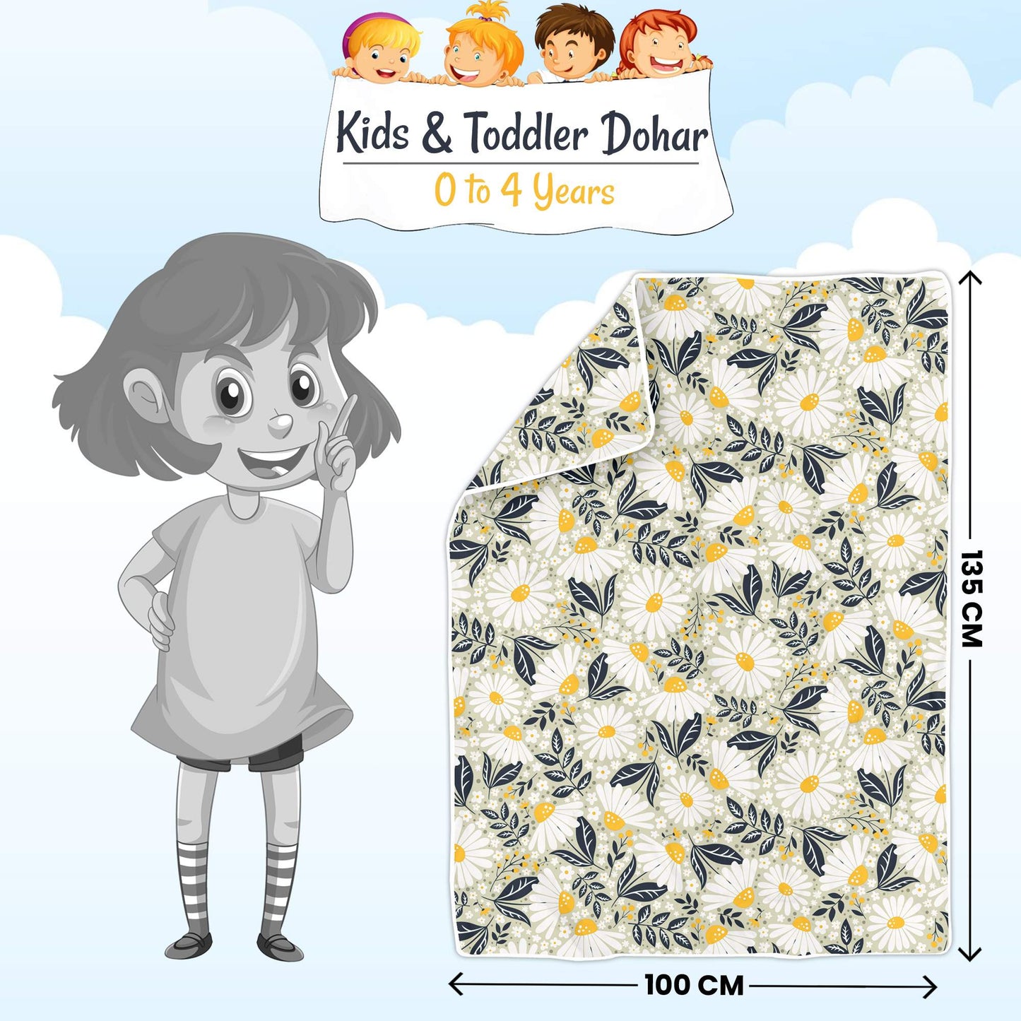 Classic Yellow Floral Single Kids Bed Dohar - 120 GSM Cotton