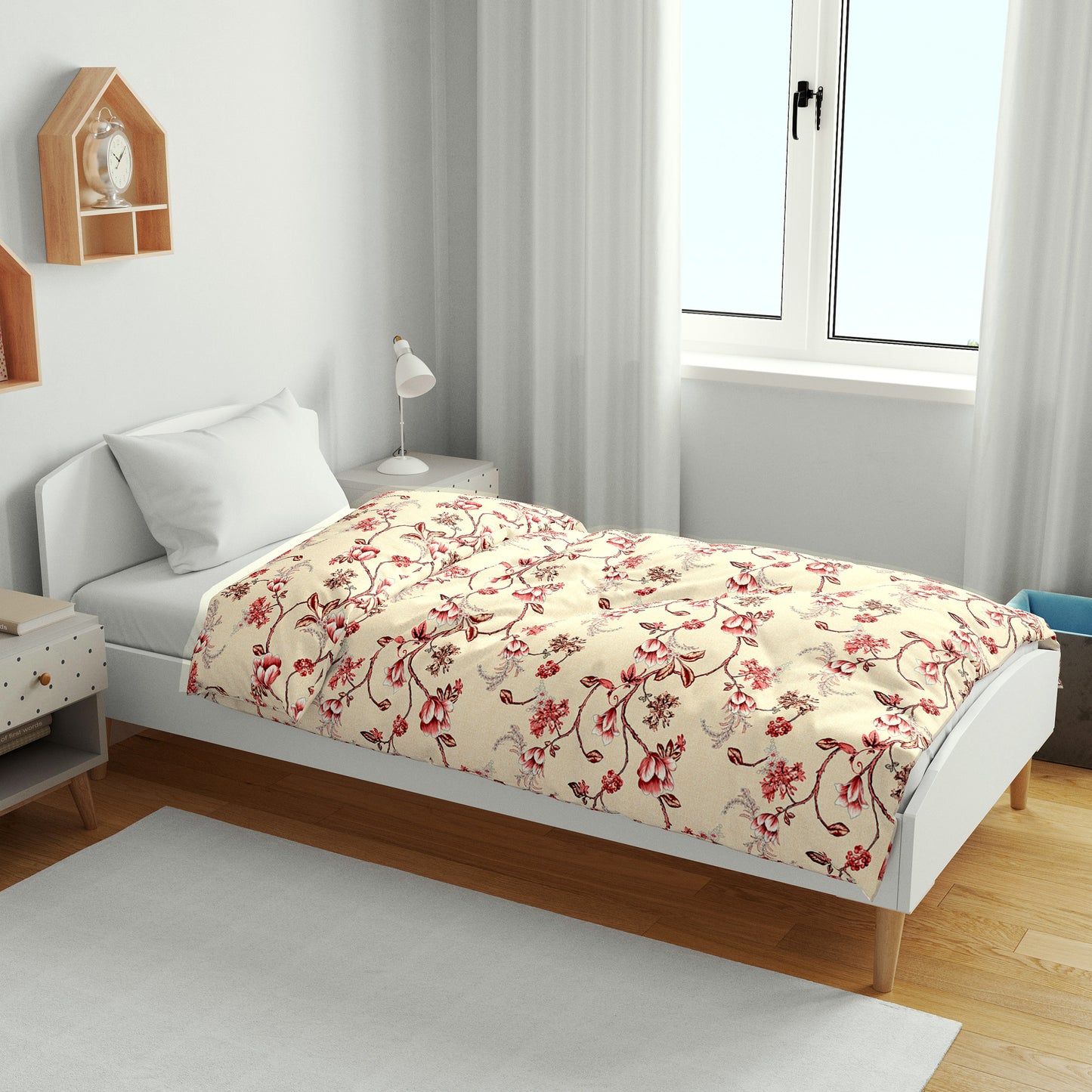Sky Blue Mist Floral Single Kids Bed Dohar - 120 GSM Cotton