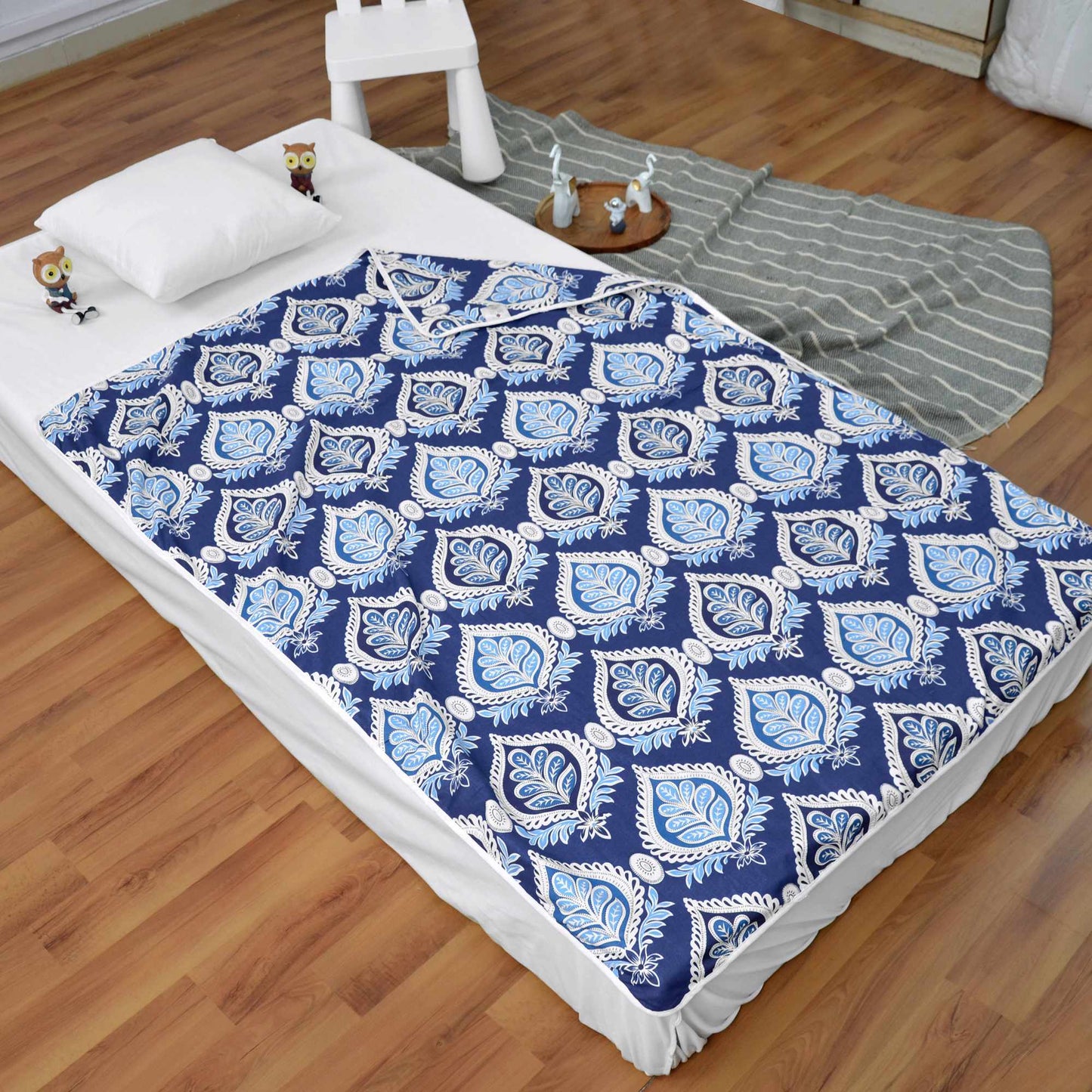 Blue and White Cotton 120 GSM Ultrasoft Reversible Single Baby Blanket for Babies