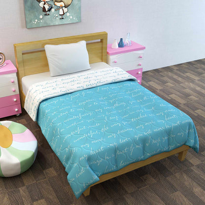 Light Blue And White Typography Pattern 120 GSM Microfiber Baby Single Bed AC Quilt Comforter for Kids