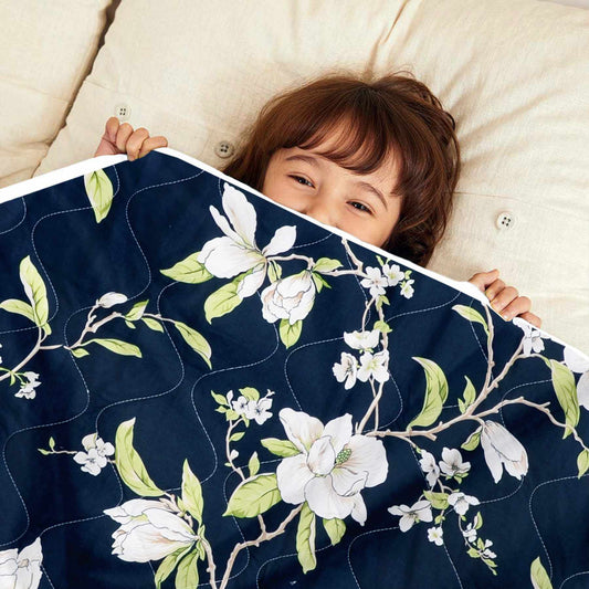 Navy Blue Flower Pattern 120 GSM Microfiber Baby Single Bed AC Quilt Comforter for Kids