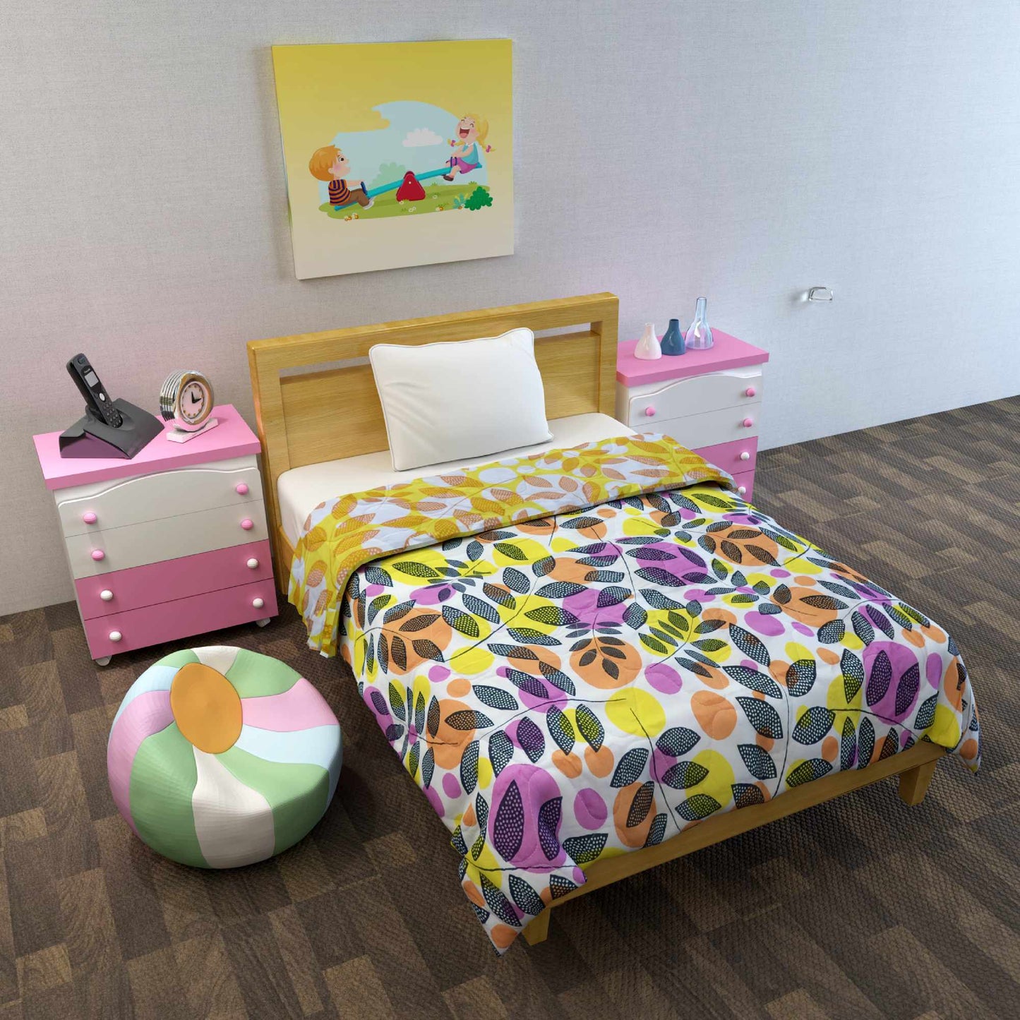 Pink and Yellow Leaf Print AC Quilt Comforter for Kids