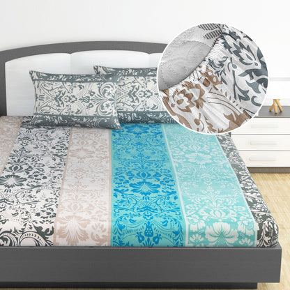Grey Floral Elastic Fitted Bedsheet For King Bed