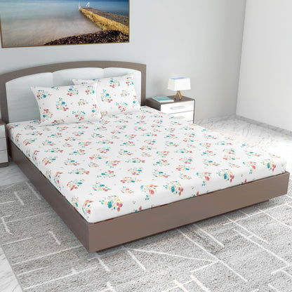 Floral Teal Ultrafine Cotton 144 TC Flat Bedsheet for King Size Bed