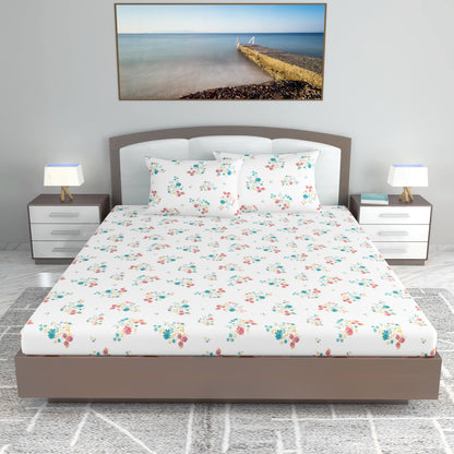 Floral Teal Ultrafine Cotton 144 TC Flat Bedsheet for King Size Bed