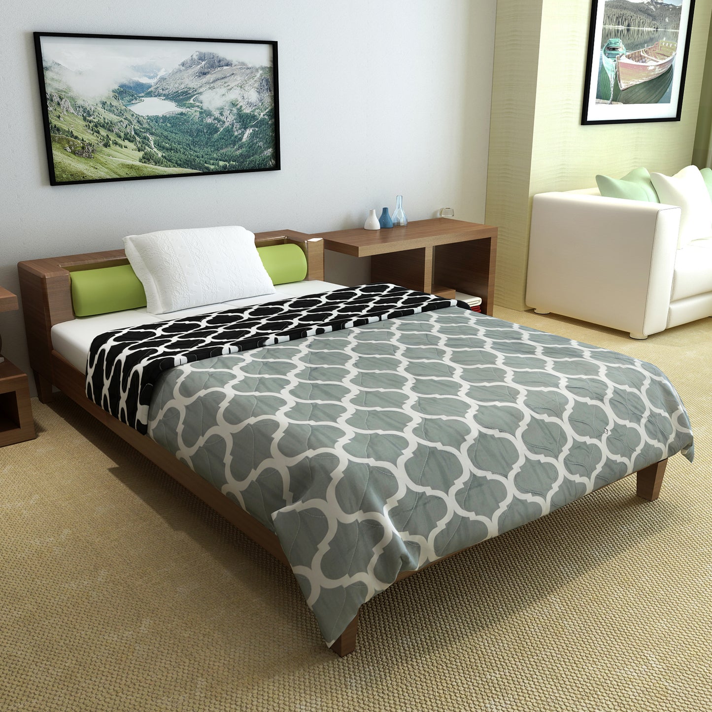 Black and Grey Quatrefoil AC Quilt Comforter for Single Bed
