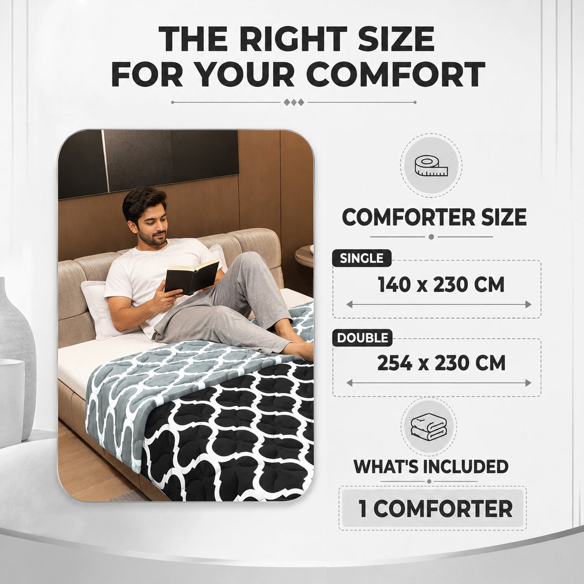 Black and Grey Quatrefoil AC Quilt Comforter for Single Bed