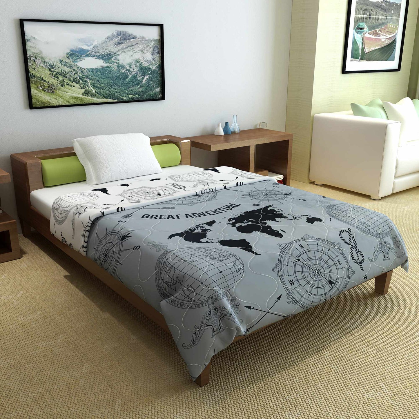 Grey and White Geography AC Quilt Comforter for Single Bed