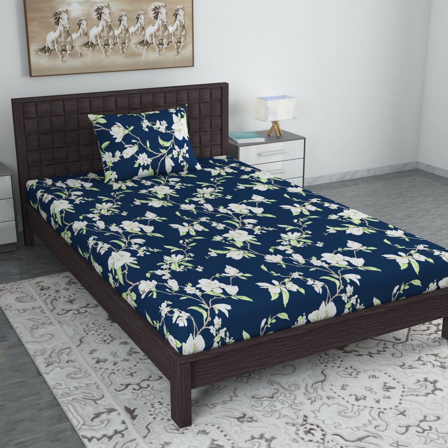 Green & Navy Blue Floral 144 TC Microfiber Single Fitted Bedsheet With 1 Pillowcover