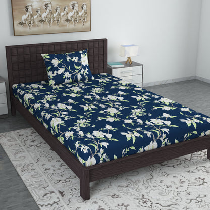 Green & Navy Blue Floral 144 TC Microfiber Single Fitted Bedsheet With 1 Pillowcover