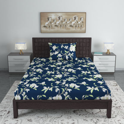 Green & Navy Blue Floral 144 TC Microfiber Single Fitted Bedsheet With 1 Pillowcover