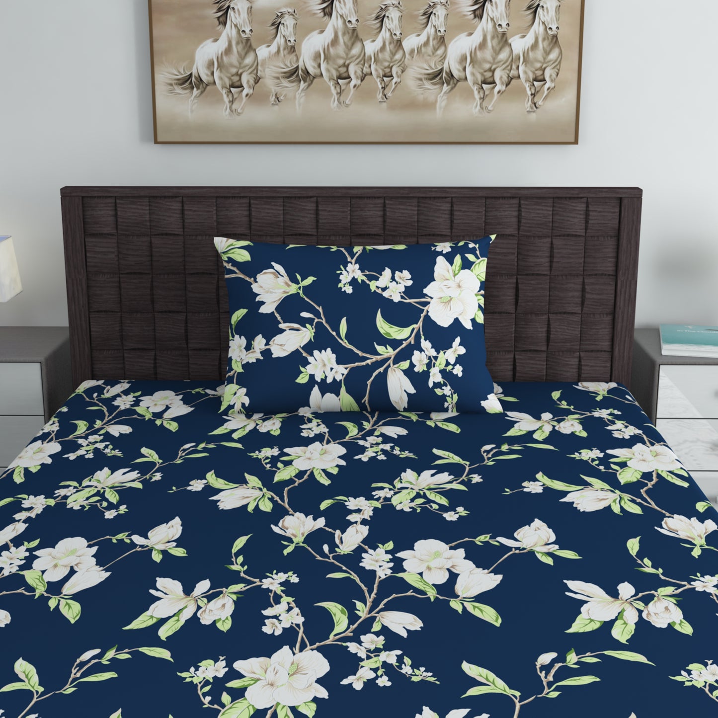Green & Navy Blue Floral 144 TC Microfiber Single Fitted Bedsheet With 1 Pillowcover