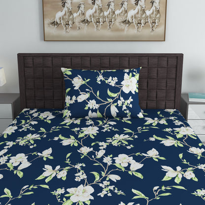 Green & Navy Blue Floral 144 TC Microfiber Single Fitted Bedsheet With 1 Pillowcover