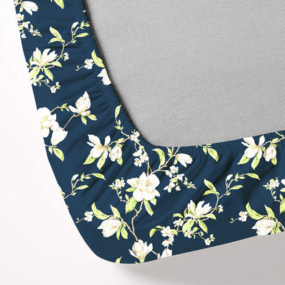 Green & Navy Blue Floral 144 TC Microfiber Single Fitted Bedsheet With 1 Pillowcover