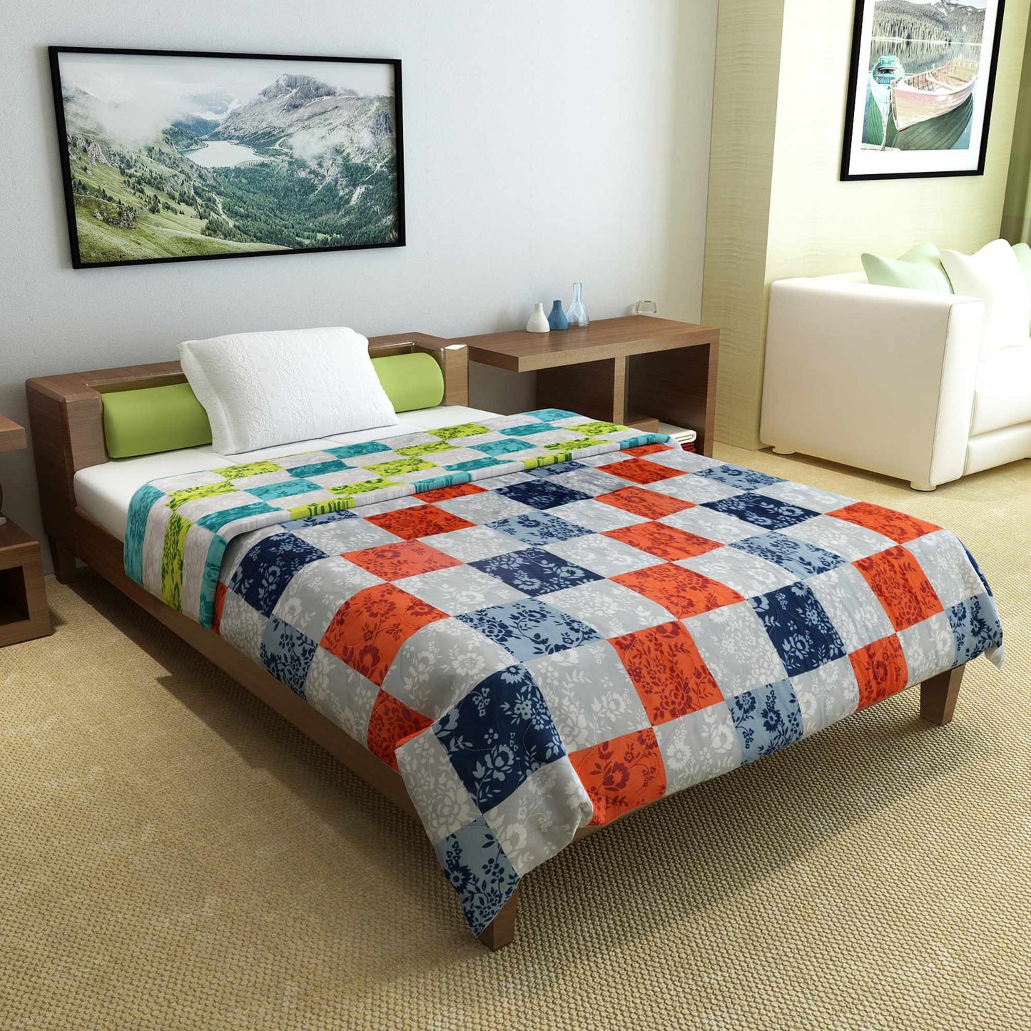 Multicolor Box Floral AC Quilt Comforter for Single Bed