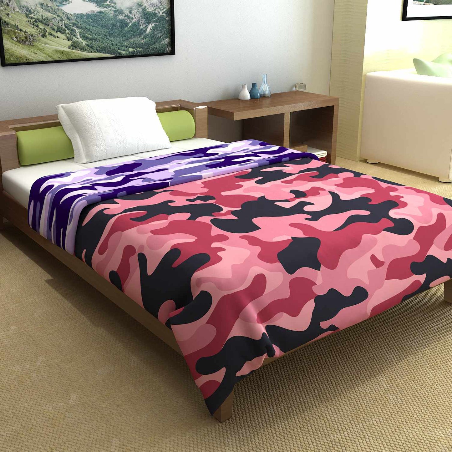 Pink and Purple Multicolor Microfiber 120 GSM Camouflage Print Pattern Reversible Single Bed AC Quilt Comforter