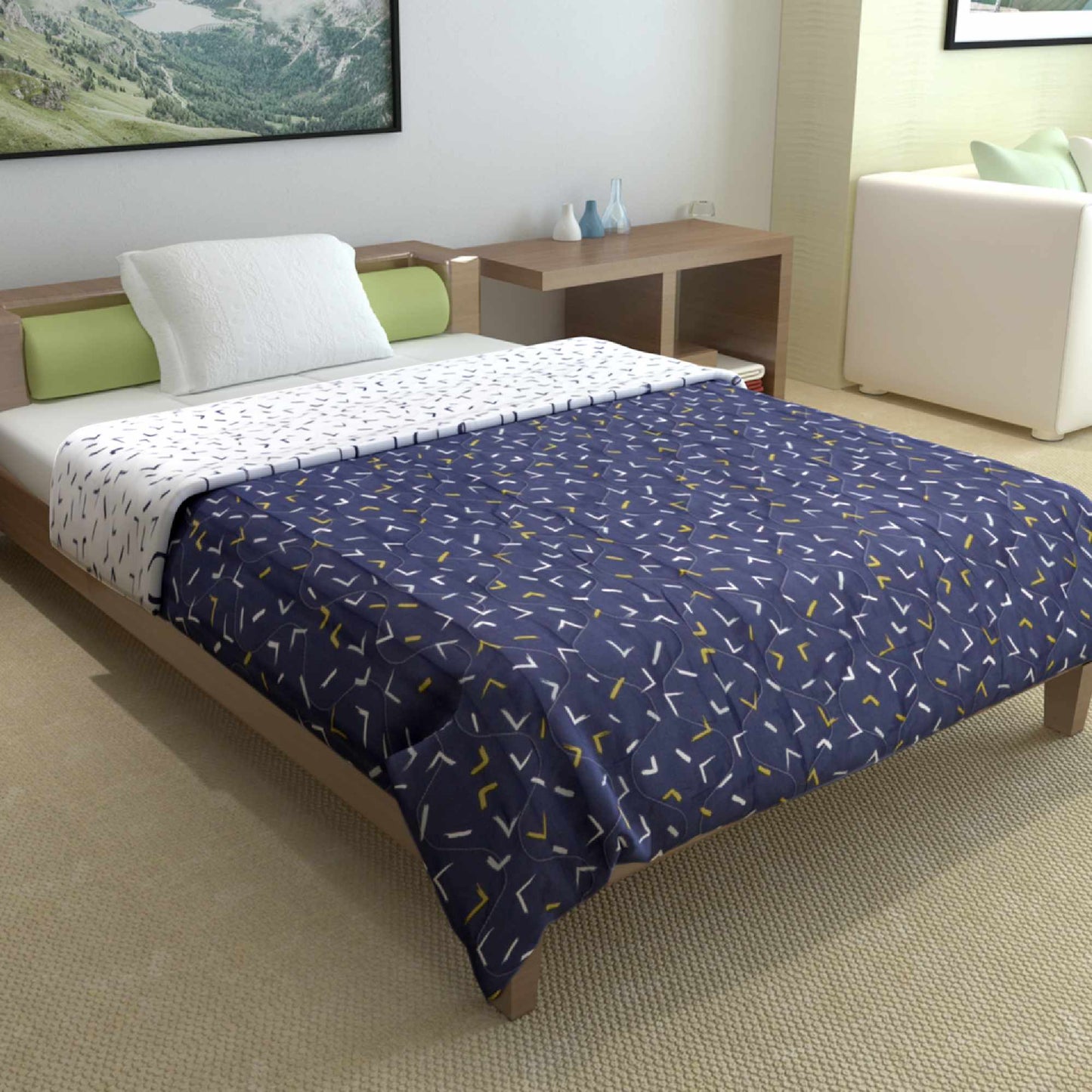 Navy Blue And White Microfibre 120 GSM Abstract Pattern Reversible Single Bed AC Quilt Comforter