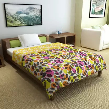 Pink and Yellow Leaf Print AC Quilt Comforter for Single Bed