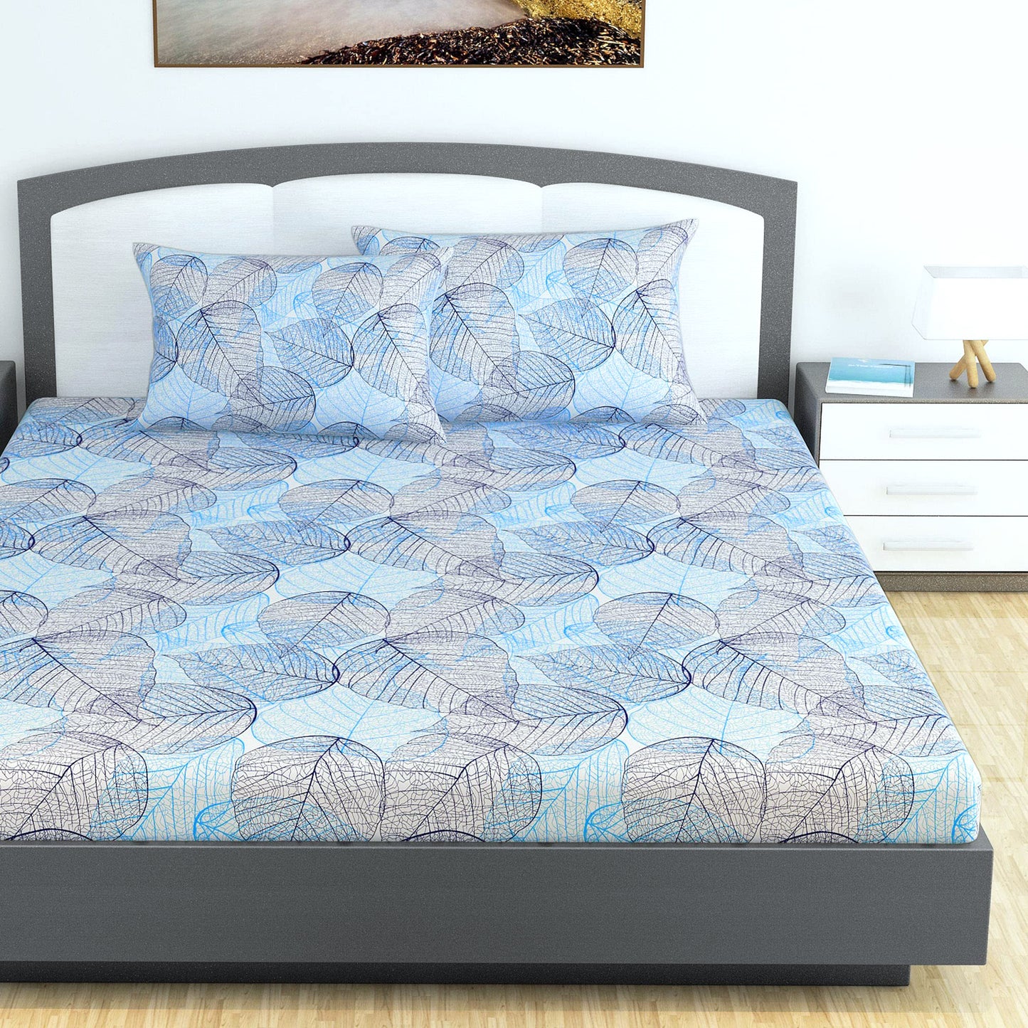 Light Blue Floral 144 TC Cotton King Bedsheet With 2 Pillowcovers