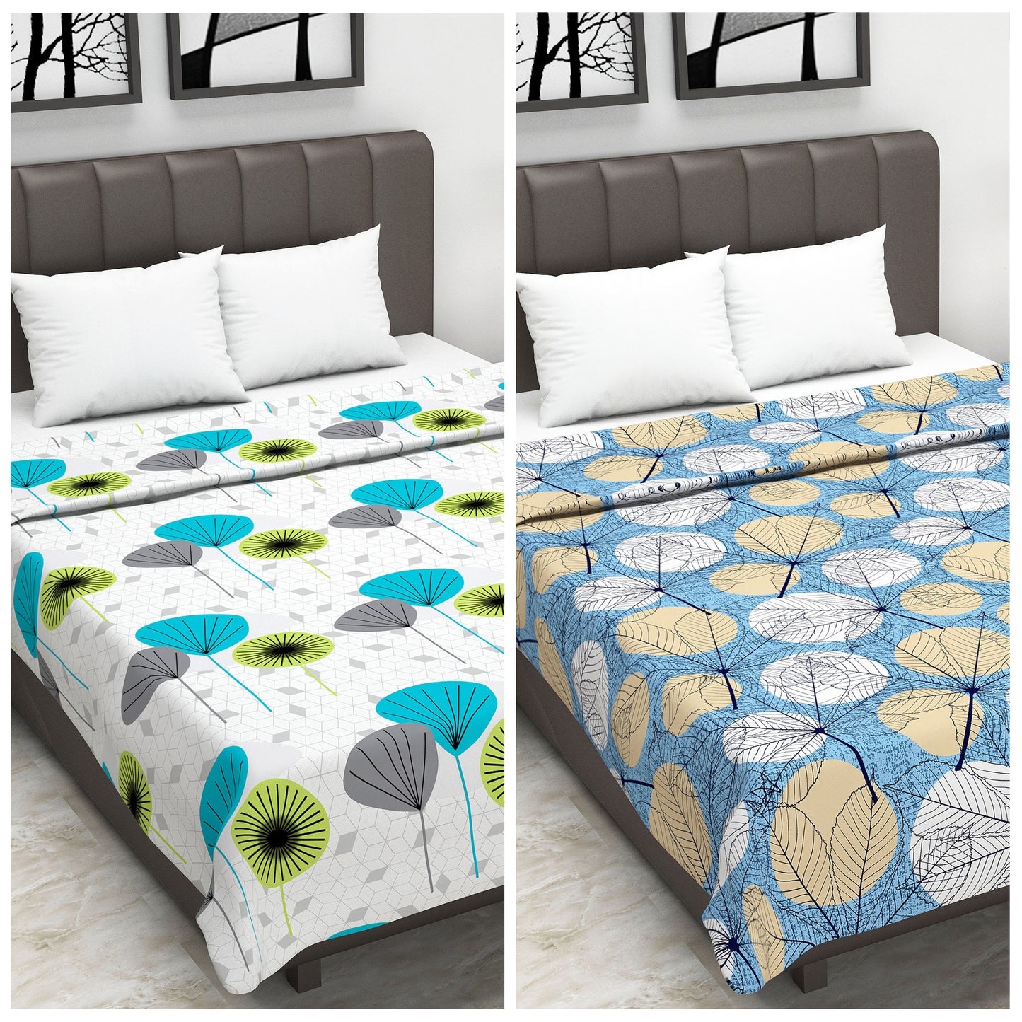 Blue, Green and White Floral Pattern Cotton Dohar Combo For Double Bed