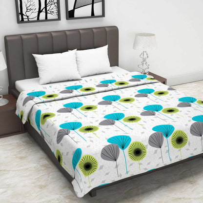 White and Blue 120 GSM Cotton Floral Double Bed AC Blanket Dohar for All Season