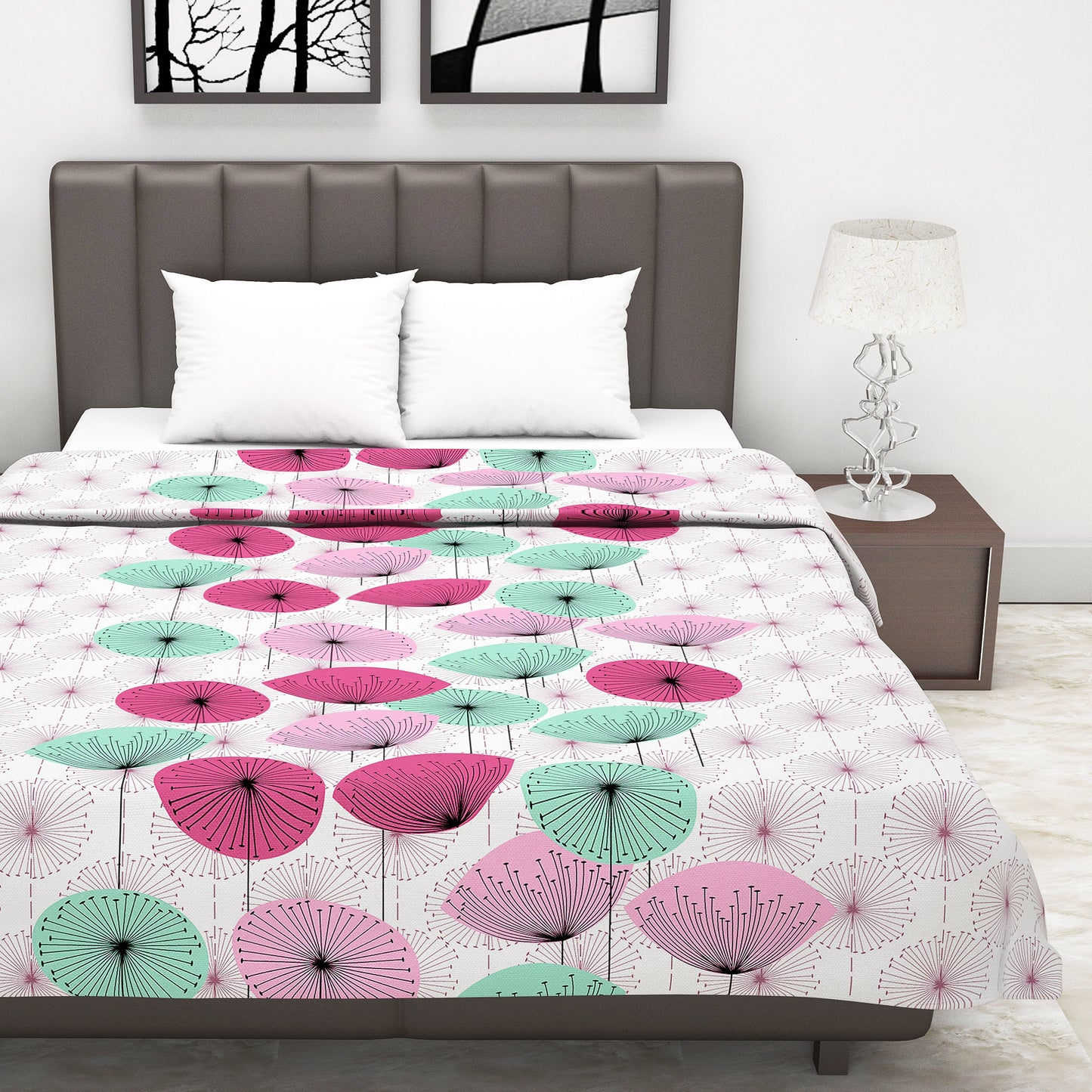 Pink and Blue 120 GSM Cotton Floral Double Bed AC Blanket Dohar for All Season
