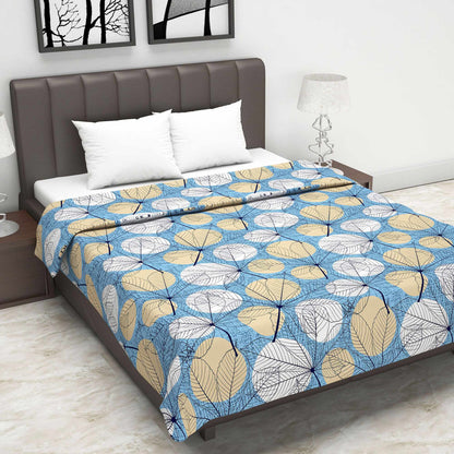 Blue and Beige 120 GSM Cotton Floral Leaf Pattern Single Bed AC Blanket Dohar for All Season