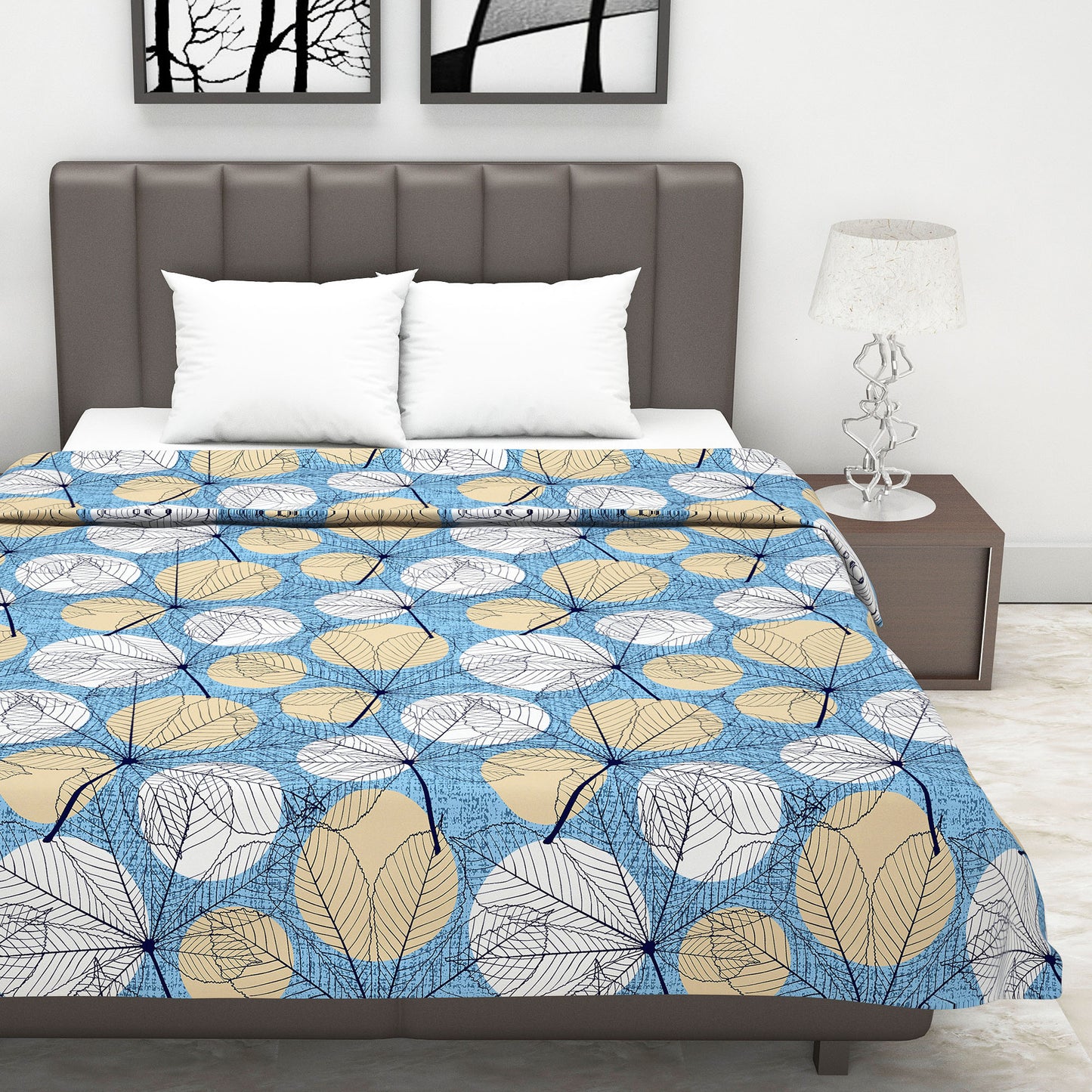 Blue and Beige 120 GSM Cotton Floral Leaf Pattern Single Bed AC Blanket Dohar for All Season