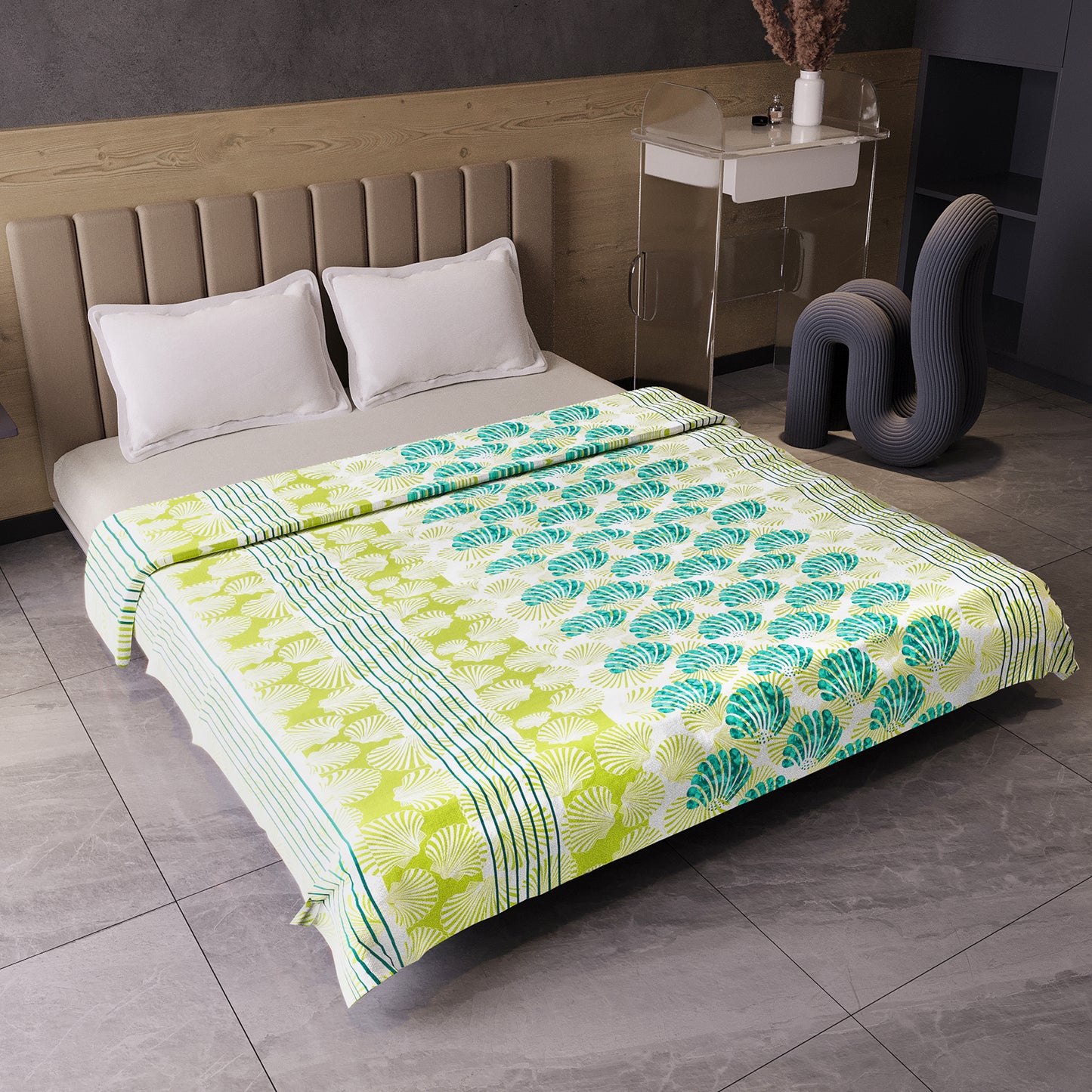 Green and Brown 120 GSM Cotton Floral Double Bed AC Blanket Dohar for All Season