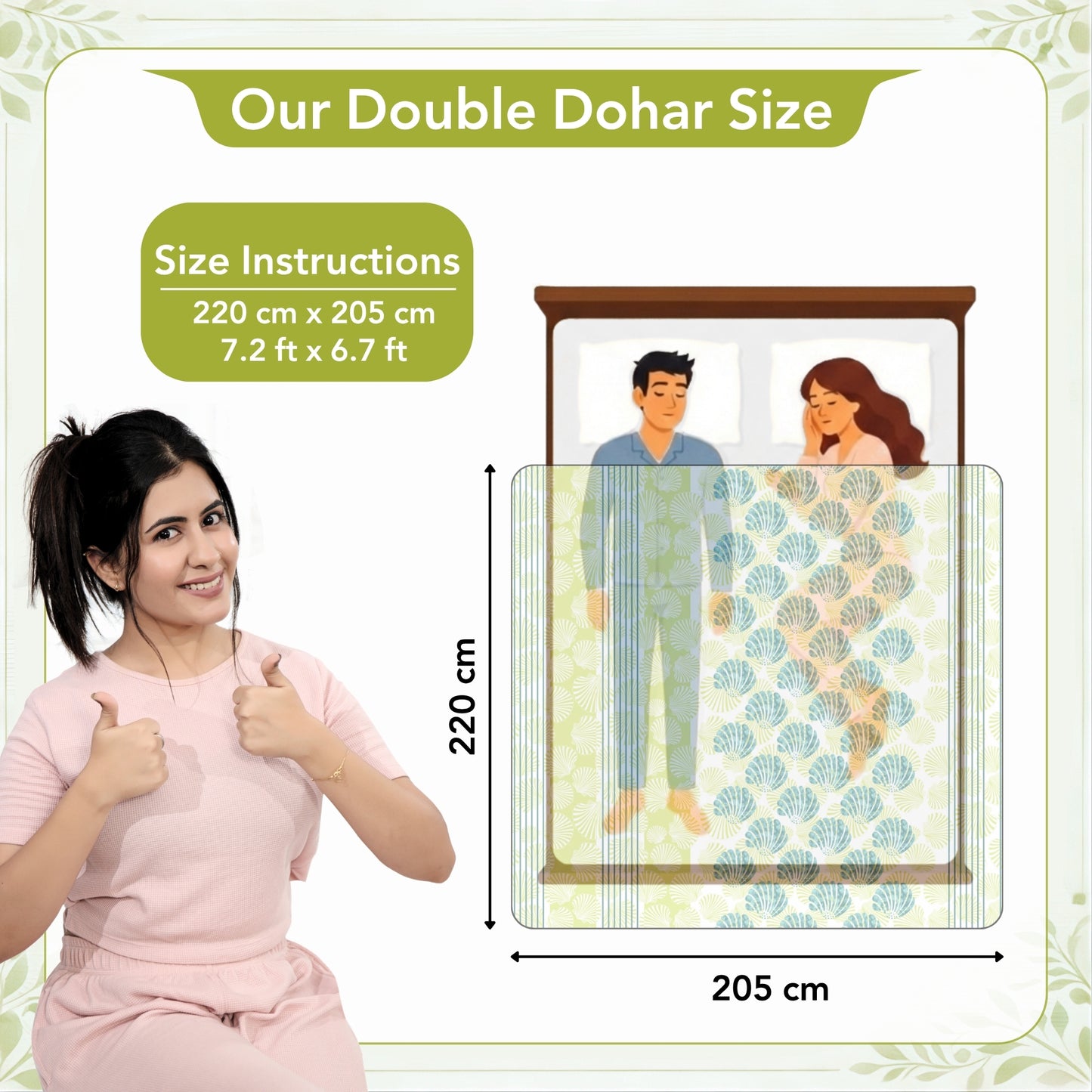 Green and Brown 120 GSM Cotton Floral Double Bed AC Blanket Dohar for All Season