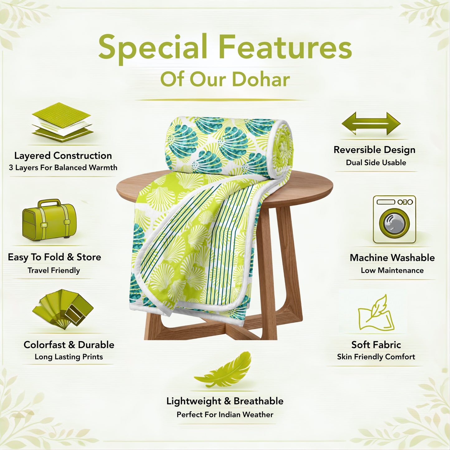 Green and Brown 120 GSM Cotton Floral Double Bed AC Blanket Dohar for All Season