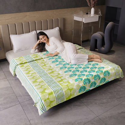 Green and Brown 120 GSM Cotton Floral Double Bed AC Blanket Dohar for All Season