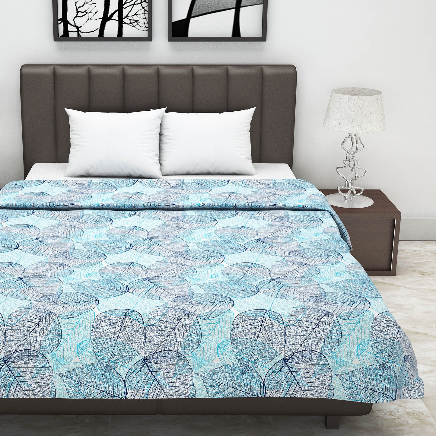 Blue And Brown 120 GSM Cotton Floral Leaf Pattern Double Bed AC Blanket Dohar for All Season
