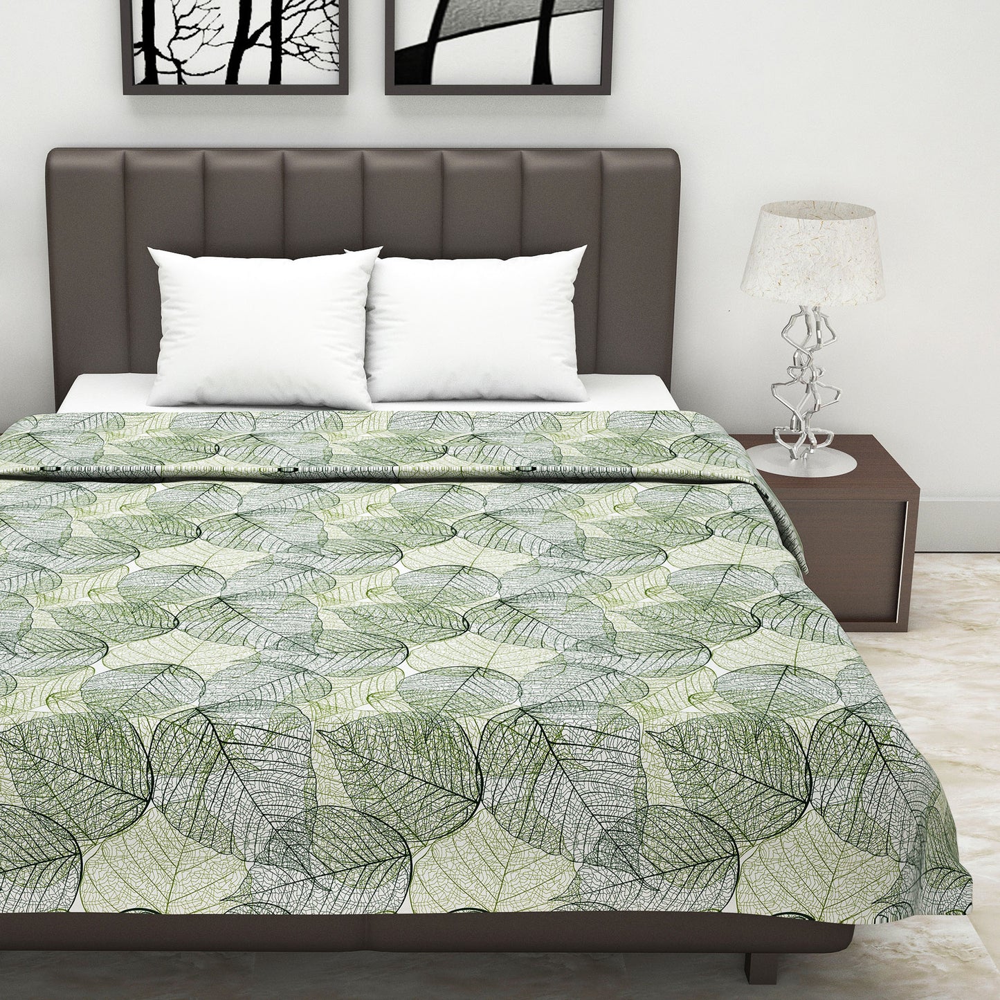 Green 120 GSM Cotton Floral Leaf Pattern Double Bed AC Blanket Dohar for All Season