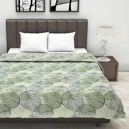 Green 120 GSM Cotton Floral Leaf Pattern Double Bed AC Blanket Dohar for All Season