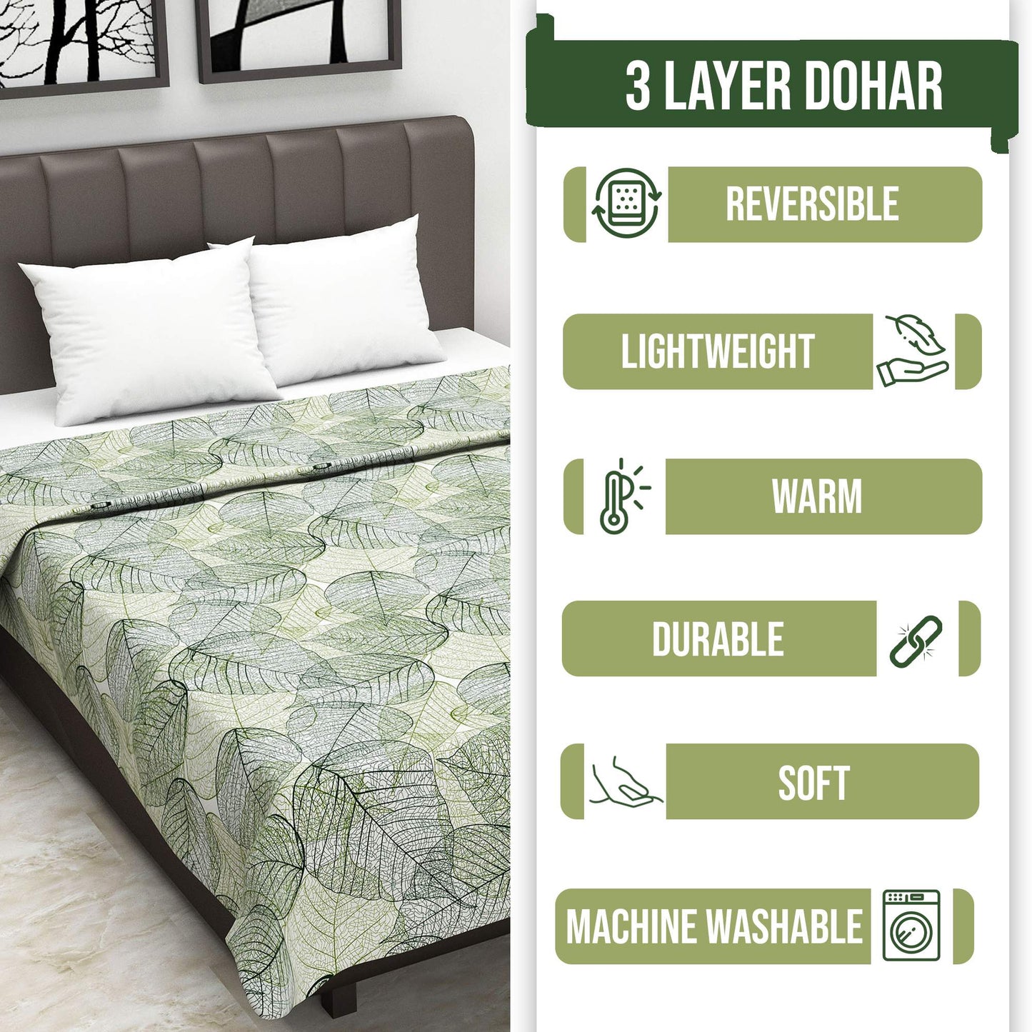 Green 120 TC Cotton Leaf Pattern Single Bed AC Blanket Dohar for All Season