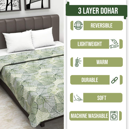 Green 120 TC Cotton Leaf Pattern Single Bed AC Blanket Dohar for All Season