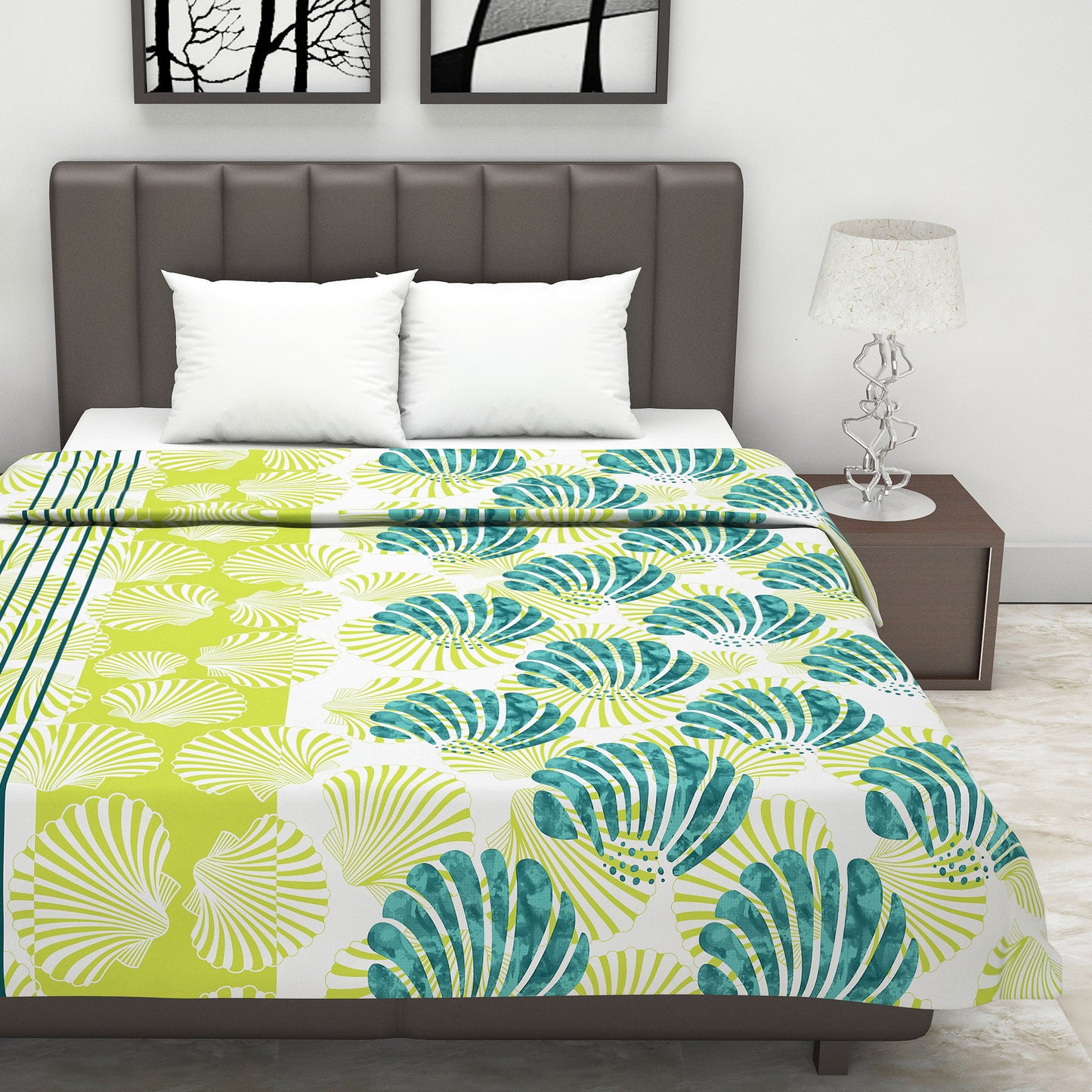 Green and Brown 120 GSM Cotton Floral Double Bed AC Blanket Dohar for All Season