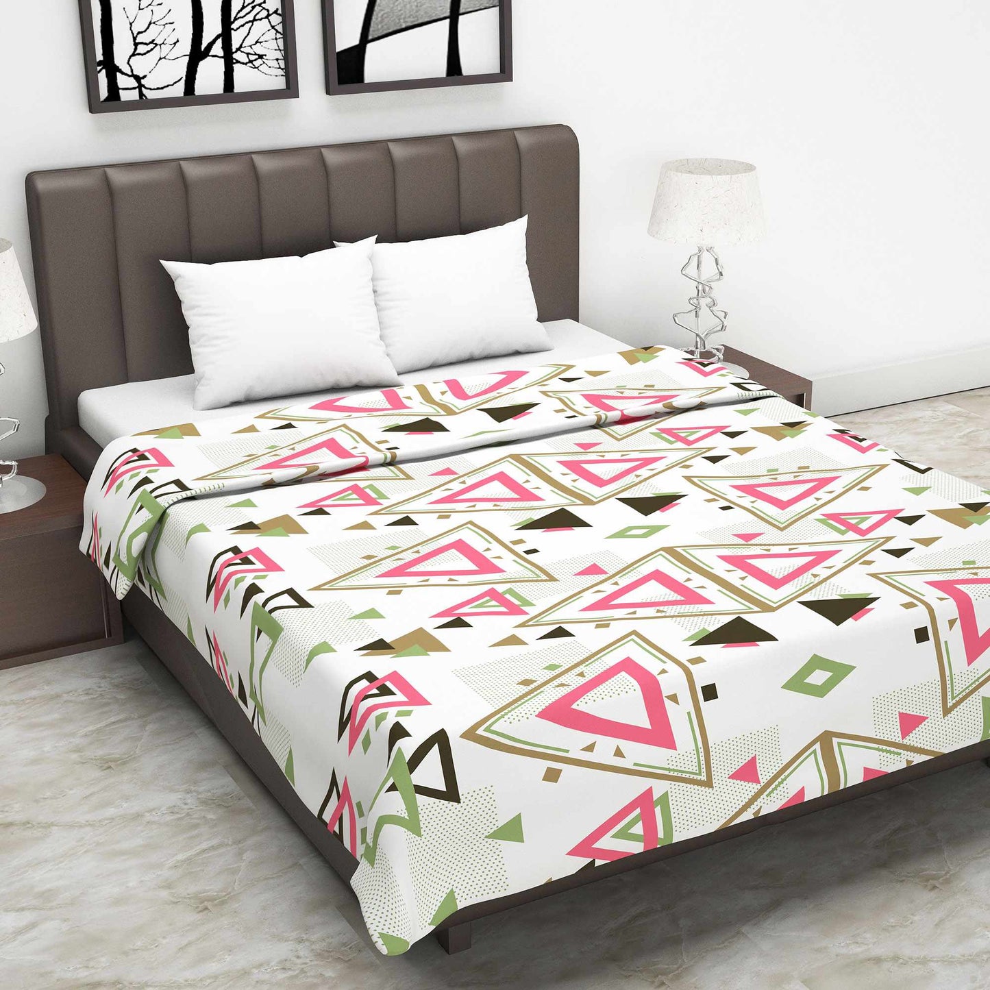 Pink and Brown 120 GSM Cotton Geometric Triangle Double Bed AC Blanket Dohar for All Season