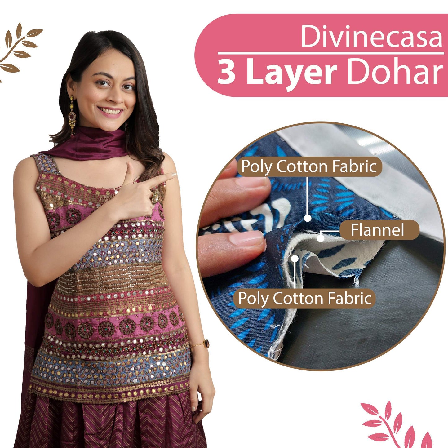 Pink and Brown 120 GSM Cotton Geometric Triangle Double Bed AC Blanket Dohar for All Season