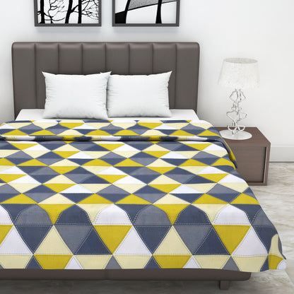 Grey and Yellow 120 GSM Cotton Geomatric Triangle Double Bed AC Blanket Dohar for All Season