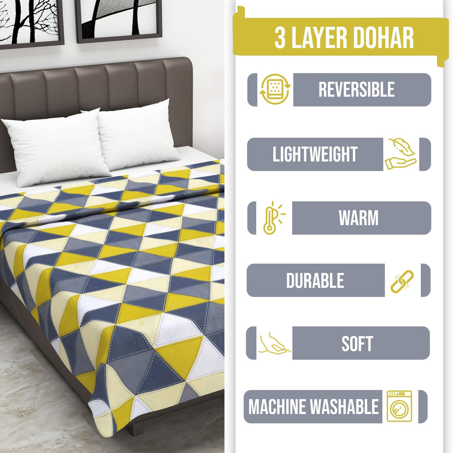 Grey and Yellow 120 GSM Cotton Geomatric Triangle Double Bed AC Blanket Dohar for All Season