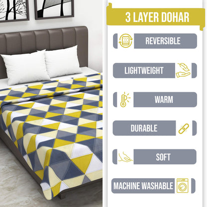 Grey and Yellow 120 GSM Cotton Geomatric Triangle Double Bed AC Blanket Dohar for All Season