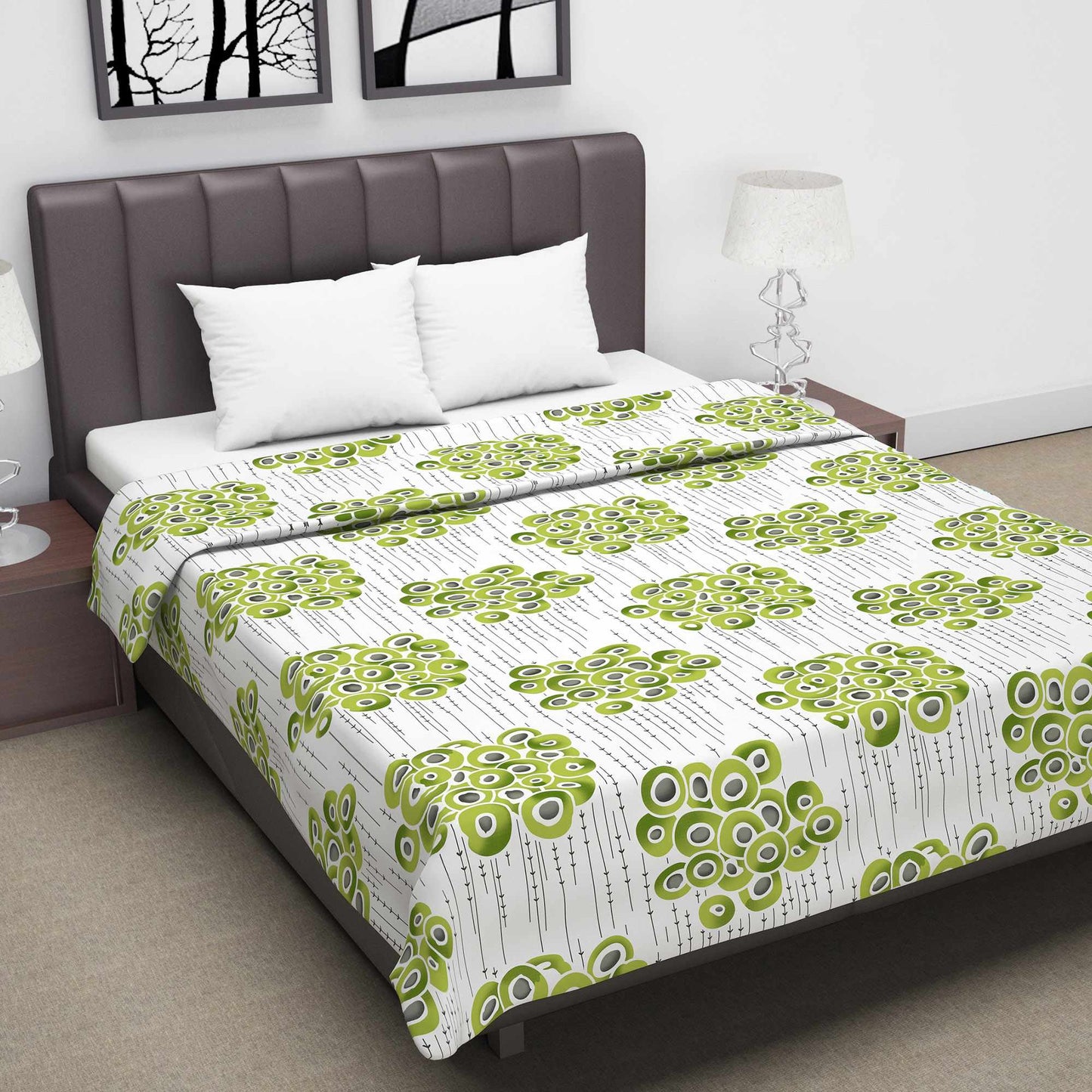 Green and Grey 120 GSM Cotton Floral Double Bed AC Blanket Dohar for All Season