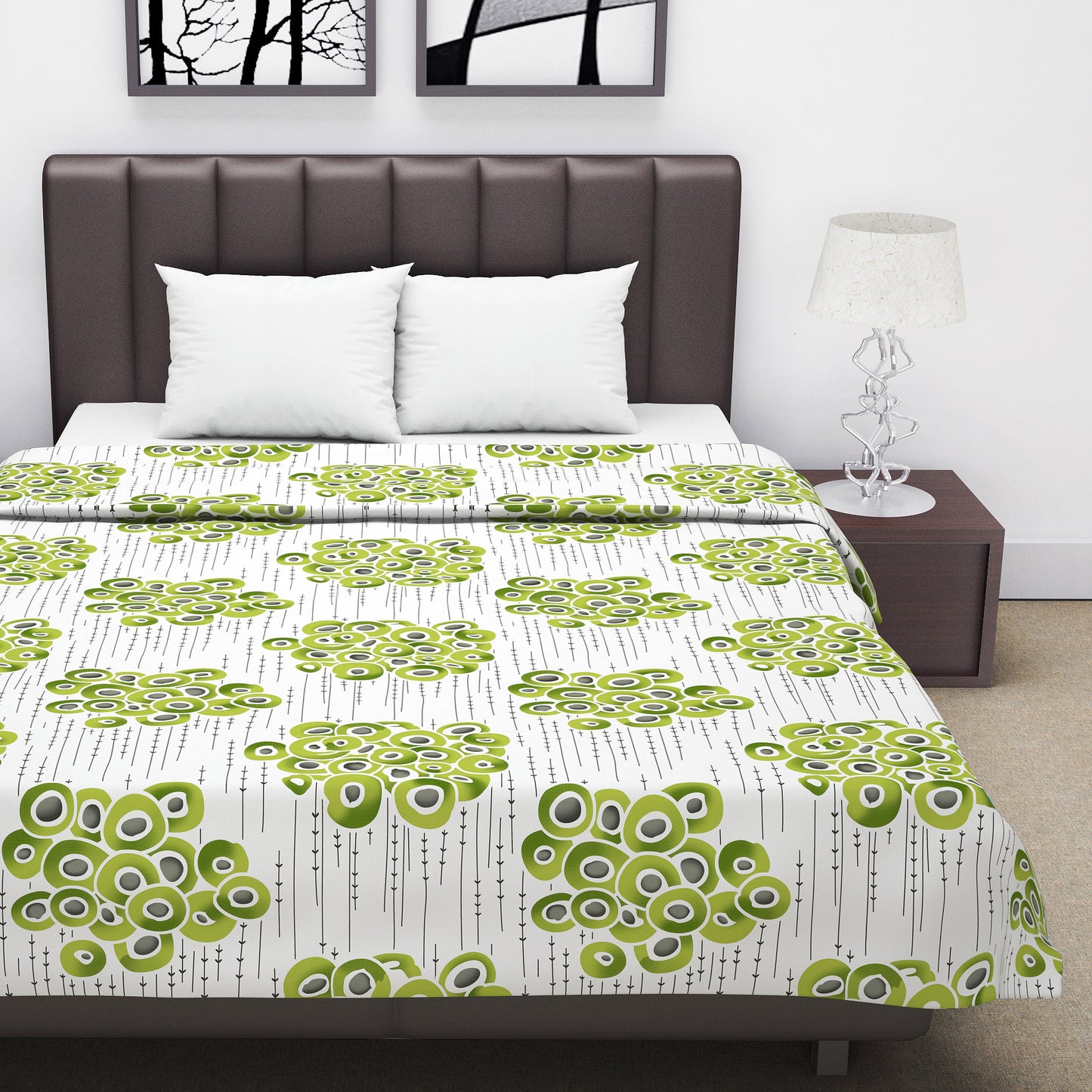 Green and Grey 120 GSM Cotton Floral Double Bed AC Blanket Dohar for All Season