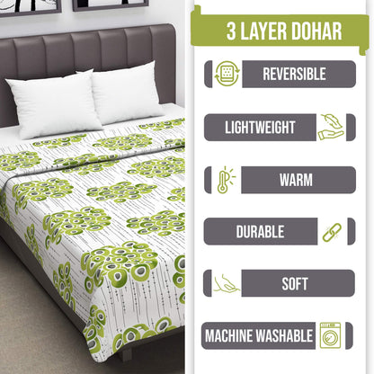 Green and Grey 120 GSM Cotton Floral Double Bed AC Blanket Dohar for All Season