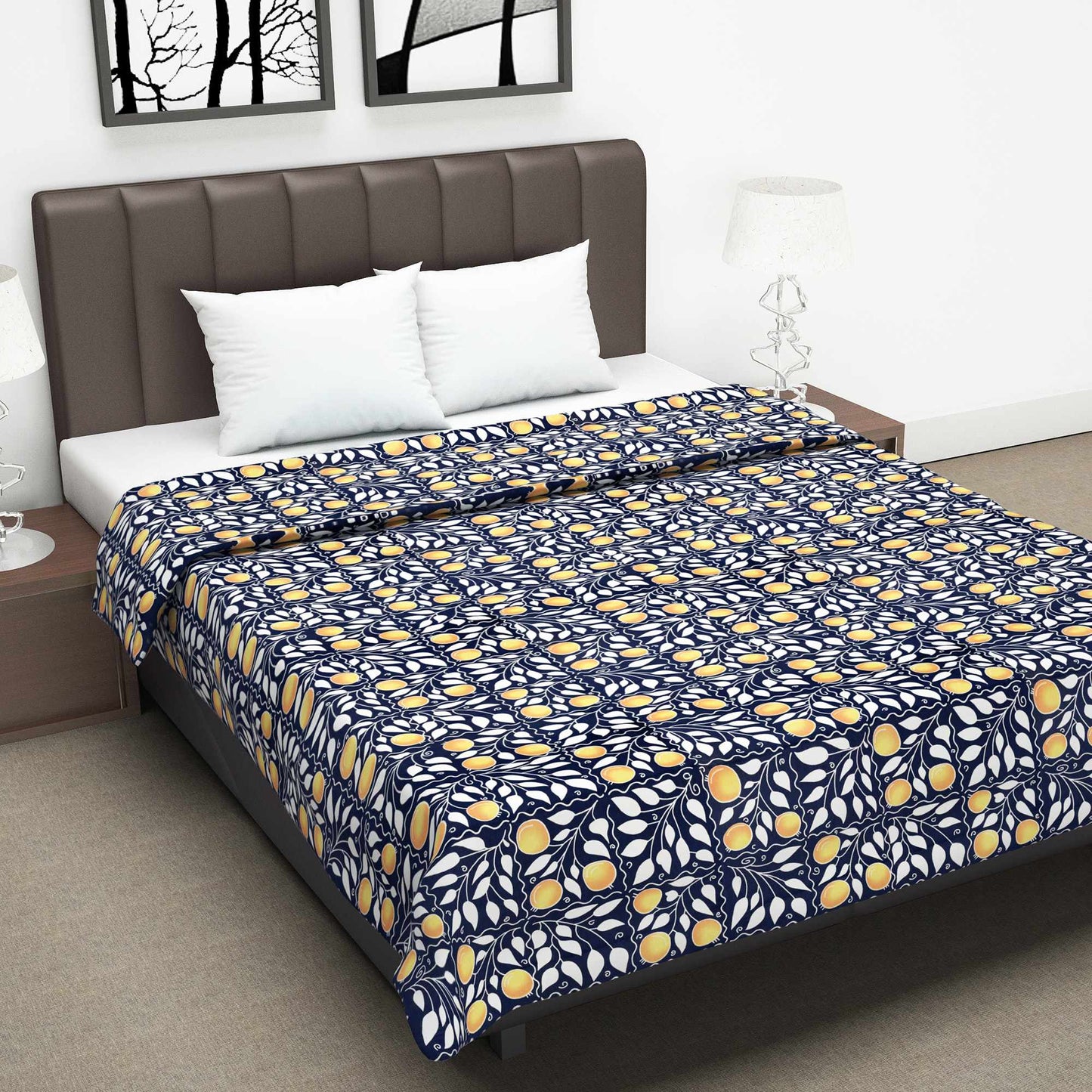 Navy Blue and Yellow 120 GSM Cotton Floral Pattern Double Bed AC Blanket Dohar for All Season